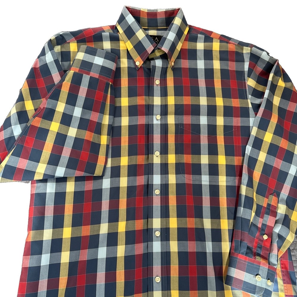 Jos‎ A Bank Travelers Collection Mens M Blue Red Plaid Cotton Button Down Shirt
